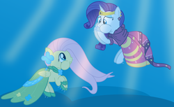 Size: 3100x1900 | Tagged: safe, artist:bladedragoon7575, fluttershy, rarity, pegasus, pony, unicorn, g4, clothes, dress, female, gala dress, holding breath, mare, puffy cheeks, simple background, underwater