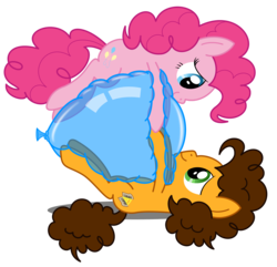 Size: 2300x2221 | Tagged: safe, artist:bladedragoon7575, cheese sandwich, pinkie pie, pony, g4, balloon, balloon riding, female, high res, holding hooves, male, ship:cheesepie, shipping, snuggling, straight, that pony sure does love balloons