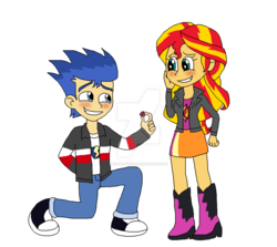 Size: 1024x915 | Tagged: safe, artist:jen-izzy93, flash sentry, sunset shimmer, equestria girls, g4, blushing, boots, clothes, female, male, ship:flashimmer, shipping, shoes, skirt, straight