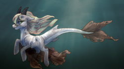 Size: 1600x891 | Tagged: safe, artist:yargoelster, oc, oc only, merpony, original species, pony, shark pony, female, floppy ears, gills, horn, mare, smiling, solo, underwater