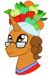 Size: 380x548 | Tagged: safe, artist:shera5, oc, oc only, oc:thomasseidler, oc:thomastheautisticunicorn, pony, unicorn, apple, cute, food, fruit hat, glasses, handsome, hat, orange, thomas
