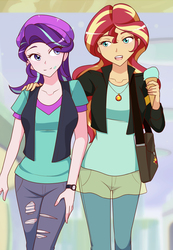 Size: 886x1280 | Tagged: safe, artist:jonfawkes, starlight glimmer, sunset shimmer, human, equestria girls, equestria girls specials, g4, mirror magic, bag, beanie, clothes, duo, female, hat, jacket, jewelry, necklace, open mouth, pants, scene interpretation, shirt, smiling, vest, watch