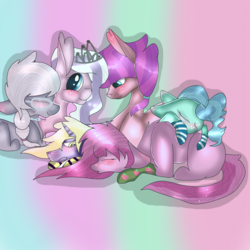 Size: 1000x1000 | Tagged: safe, artist:frecklesnow, diamond tiara, dinky hooves, lily longsocks, petunia paleo, ruby pinch, silver spoon, earth pony, pony, unicorn, g4, adorabullies, annoyed, blushing, clothes, cuddle puddle, cuddling, cute, eyes closed, female, glasses, group, jewelry, lesbian, mare, necklace, older, older diamond tiara, older dinky hooves, older lily longsocks, older petunia paleo, older ruby pinch, older silver spoon, pony pile, ship:dinkypinch, shipping, socks, striped socks, swayed, tiara