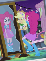 Size: 1536x2048 | Tagged: safe, screencap, applejack, fluttershy, pinkie pie, equestria girls, g4, my little pony equestria girls: rainbow rocks, perfect day for fun, cute, duo, female, mirror, open mouth, pinkie being pinkie, raised leg, smiling