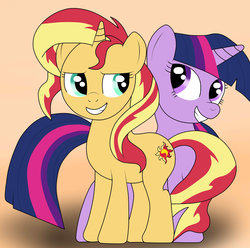 Size: 800x794 | Tagged: safe, artist:fj23pk, sunset shimmer, twilight sparkle, pony, unicorn, g4, cute, female, lesbian, looking at each other, mare, shimmerbetes, ship:sunsetsparkle, shipping, simple background, smiling, twiabetes