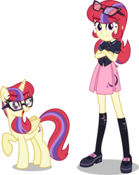 Size: 6000x7575 | Tagged: safe, artist:orin331, moondancer, alicorn, human, pony, dancerverse, equestria girls, g4, absurd resolution, alternate hairstyle, alternate universe, clothes, crossed arms, cute, dancerbetes, duo, equestria girls-ified, female, glasses, human ponidox, looking at you, mare, moondancercorn, raised hoof, self ponidox, shoes, simple background, skirt, socks, solo, transparent background