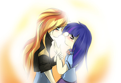 Size: 1319x906 | Tagged: safe, artist:clownpoisson, sunset shimmer, twilight sparkle, equestria girls, g4, blushing, female, human coloration, imminent kissing, lesbian, looking at each other, ship:sunsetsparkle, shipping