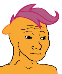 Size: 789x943 | Tagged: safe, scootaloo, pony, g4, feels guy, male, meme, simple background, solo, that feel, transparent background, wojak