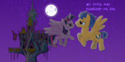 Size: 1024x512 | Tagged: safe, artist:nerdponymod, flash sentry, twilight sparkle, alicorn, pegasus, pony, g4, duo, female, flying, male, mare, moon, night, ship:flashlight, shipping, stallion, straight, twilight sparkle (alicorn), twilight's castle