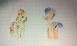 Size: 800x480 | Tagged: safe, artist:mike-cleo, flash sentry, sunset shimmer, pony, g4, female, graph paper, lined paper, male, ship:flashimmer, shipping, straight, traditional art