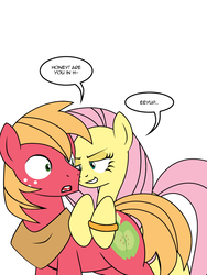 Size: 600x800 | Tagged: safe, artist:dekomaru, big macintosh, fluttershy, earth pony, pony, tumblr:ask twixie, g4, ask, bedroom eyes, duo, estrus, female, horse collar, imminent sex, male, ship:fluttermac, shipping, simple background, straight, tumblr, white background