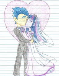 Size: 1275x1634 | Tagged: safe, artist:haleyc4629, flash sentry, twilight sparkle, equestria girls, g4, clothes, dress, female, lined paper, male, marriage, ship:flashlight, shipping, straight, traditional art, wedding, wedding dress