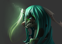 Size: 4960x3507 | Tagged: safe, artist:underpable, queen chrysalis, changeling, changeling queen, g4, absurd resolution, angry, broken horn, chains, collar, crying, fangs, female, floppy ears, former queen chrysalis, gritted teeth, horn, missing horn, sharp teeth, solo, teeth