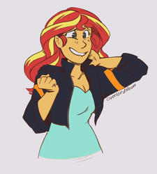 Size: 2671x2972 | Tagged: safe, artist:overlordneon, sunset shimmer, equestria girls, equestria girls specials, g4, mirror magic, breasts, clothes, female, high res, jacket, scene interpretation, shirt, simple background, smiling, solo, white background