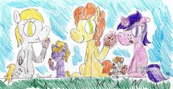 Size: 1265x652 | Tagged: safe, artist:ptitemouette, amethyst star, carrot top, derpy hooves, dinky hooves, golden harvest, sparkler, oc, oc:bubble top, pony, g4, family, female, food, lesbian, muffin, parent:carrot top, parent:derpy hooves, parents:derpytop, ship:derpytop, shipping, traditional art