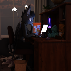 Size: 1500x1500 | Tagged: safe, artist:tahublade7, derpy hooves, oc, oc:inkjet, mule, anthro, g4, 3d, 4chan cup, cereal, computer, daz studio, female, food, lava lamp, mare, plushie, safest hooves, shoes, sneakers