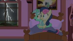 Size: 12000x6750 | Tagged: safe, artist:mundschenk85, bon bon, lyra heartstrings, sweetie drops, earth pony, pony, unicorn, g4, absurd resolution, bed, female, hug, lesbian, lightning, mare, scared, ship:lyrabon, shipping, show accurate