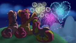 Size: 1920x1080 | Tagged: safe, artist:anscathmarcach, dazzle surprise, sparkleworks, pony, g3, 4th of july, complex background, fireworks, group, holiday, night, star shimmer