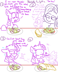 Size: 4779x6013 | Tagged: safe, artist:adorkabletwilightandfriends, spike, starlight glimmer, twilight sparkle, dragon, pony, unicorn, comic:adorkable twilight and friends, g4, absurd resolution, adorkable twilight, bread, chest fluff, comic, cute, dialogue, diet, eyes on the prize, floppy ears, food, grin, lidded eyes, lineart, nervous, nervous smile, open mouth, salad, shrunken pupils, simple background, slice of life, smiling, sweat