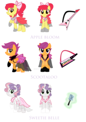 Size: 1600x2273 | Tagged: safe, artist:nstone53, apple bloom, scootaloo, sweetie belle, earth pony, pegasus, pony, unicorn, fanfic:bride of discord, g4, clothes, concept art, cutie mark crusaders, dress, female, flying v, guitar, keytar, magic, mare, microphone, musical instrument, older, watermark