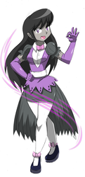 Size: 1448x2984 | Tagged: safe, artist:danmakuman, octavia melody, human, equestria girls, g4, clothes, commission, cosplay, costume, evening gloves, female, gloves, long gloves, miniskirt, pantyhose, project justice, rival schools, skirt, socks, solo, thigh highs, yurika kirishima