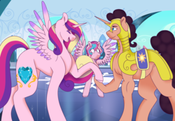 Size: 4800x3327 | Tagged: safe, artist:midnight-drip, princess cadance, oc, oc:rosemary masala, oc:serendipity, alicorn, pegasus, pony, unicorn, g4, female, guardsmare, high res, horn, magical lesbian spawn, mare, offspring, parent:pinkie pie, parent:saffron masala, parents:saffronpie, pegasus oc, royal guard, unicorn oc