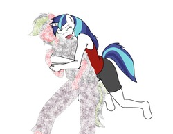 Size: 1244x958 | Tagged: safe, artist:linedraweer, shining armor, oc, unicorn, anthro, unguligrade anthro, g4, anthro oc, canon x oc, commission, crying, fading, gleaming shield, hug, hug from behind, rule 63