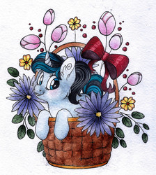 Size: 1089x1218 | Tagged: safe, artist:red-watercolor, oc, oc only, oc:mirror image, pony, unicorn, basket, flower, pony in a basket, ribbon, smiling, solo, traditional art, watercolor painting