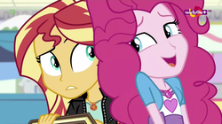 Size: 1277x717 | Tagged: safe, screencap, pinkie pie, sunset shimmer, equestria girls, equestria girls specials, g4, my little pony equestria girls: mirror magic, book, geode of empathy, journal, teletoon