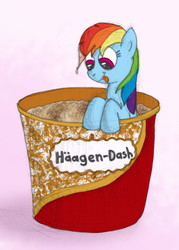 Size: 850x1190 | Tagged: safe, artist:m.w., rainbow dash, pegasus, pony, g4, food, gradient background, häagen-dazs, ice cream, looking down, name pun, pun, smiling, solo, tongue out