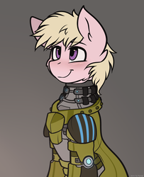 Size: 1280x1579 | Tagged: safe, artist:whitepone, oc, oc only, pony, armor, blushing, clothes, commission, male, simple background, sitting, solo, stallion