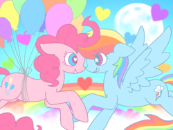 Size: 1024x768 | Tagged: safe, artist:mihopony, pinkie pie, rainbow dash, earth pony, pegasus, pony, g4, balloon, boop, female, floating, heart eyes, lesbian, looking at each other, noseboop, rainbow, ship:pinkiedash, shipping, smiling, starry eyes, then watch her balloons lift her up to the sky, wingding eyes