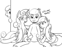 Size: 1024x788 | Tagged: safe, artist:cosmonaut, apple bloom, rumble, scootaloo, sweetie belle, earth pony, pony, g4, marks and recreation, alternate hairstyle, female, hug, male, monochrome, older, older apple bloom, older scootaloo, older sweetie belle, peeking, polyamory, polygamy, rumble gets all the fillies, ship:rumbelle, ship:rumbloo, shipping, straight, sweat, unshorn fetlocks, winghug