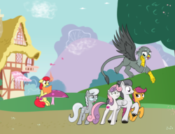 Size: 1024x788 | Tagged: safe, artist:cosmonaut, apple bloom, gabby, rumble, scootaloo, silver spoon, sweetie belle, griffon, g4, female, herd, male, older, older apple bloom, older rumble, older scootaloo, older silver spoon, older sweetie belle, polyamory, polygamy, ponyville, rumble gets all the fillies, rumblespoon, rumgabby, ship:rumbelle, ship:rumbloo, shipping, straight, teenager, unshorn fetlocks