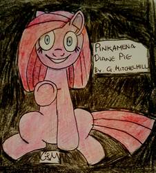 Size: 1524x1687 | Tagged: safe, artist:rapidsnap, pinkie pie, earth pony, pony, g4, creepy smile, female, looking at you, mare, pinkamena diane pie, shrunken pupils, sitting, smiling, solo, staring into your soul, traditional art