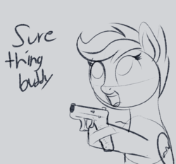 Size: 709x659 | Tagged: safe, artist:cosmonaut, scootaloo, pony, g4, female, glock, gun, monochrome, solo, weapon