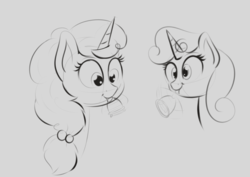 Size: 1024x725 | Tagged: safe, artist:cosmonaut, sugar belle, sweetie belle, pony, g4, bell, monochrome, mouth hold