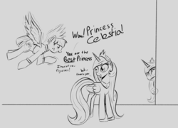 Size: 1024x736 | Tagged: safe, artist:cosmonaut, princess celestia, princess luna, windy whistles, alicorn, pegasus, pony, g4, monochrome, that pony sure does love celestia, wings