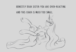 Size: 1024x709 | Tagged: safe, artist:cosmonaut, princess celestia, alicorn, pony, celestial advice, g4, chair, cutie mark, cutie swap, monochrome