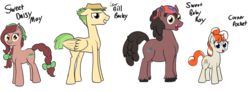 Size: 1024x377 | Tagged: safe, artist:cosmonaut, oc, oc:corner pocket, oc:sour bill barley, oc:sweet baby ray, oc:sweet daisy may, earth pony, pegasus, pony, unicorn, bandana, braid, braided tail, chubby, female, hat, male, simple background, unshorn fetlocks, white background