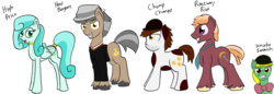 Size: 1024x353 | Tagged: safe, artist:cosmonaut, oc, oc only, oc:chump change, oc:hard bargain, oc:high price, oc:knuckle sandwich, oc:raceway riot, earth pony, pegasus, pony, bowtie, clothes, hat, necktie, simple background, unshorn fetlocks, white background