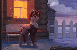Size: 1250x818 | Tagged: safe, artist:rodrigues404, oc, oc only, oc:cherry blossom, pegasus, pony, animated, cinemagraph, clothes, coat, commission, female, fence, house, mare, no sound, smiling, snow, snowfall, solo, webm