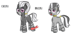 Size: 1024x451 | Tagged: safe, artist:cosmonaut, oc, oc only, oc:breeki, oc:cheeki, zebra, female, jewelry, looking at you, simple background, sisters, teenager, white background