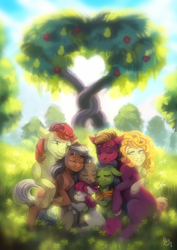 Size: 2480x3508 | Tagged: safe, artist:spirit-alu, apple bloom, applejack, big macintosh, bright mac, grand pear, granny smith, pear butter, earth pony, ghost, pony, undead, g4, the perfect pear, apple family, apple siblings, apple sisters, bright mac's ghost, brother and sister, father and daughter, father and son, father and son-in-law, female, filly, grandfather and grandchild, grandfather and granddaughter, grandfather and grandson, grandmother and grandchild, grandmother and granddaughter, grandmother and grandson, group hug, high res, hug, husband and wife, intertwined trees, leaves, male, mare, mother and child, mother and daughter, mother and daughter-in-law, mother and son, pear butter's ghost, ship:brightbutter, shipping, siblings, sisters, smiling, stallion, straight, the whole apple family, tree