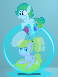 Size: 2400x3200 | Tagged: safe, artist:bladedragoon7575, oc, oc only, oc:delphina depths, oc:lola balloon, pony, balloon, balloon riding, bondage, bubble, bubble sitting, encasement, high res, in bubble, puffy cheeks, simple background, that pony sure does love balloons, underwater