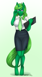 Size: 2142x3910 | Tagged: safe, artist:askbubblelee, oc, oc only, oc:lime dream, unicorn, anthro, unguligrade anthro, anthro oc, clipboard, clothes, commission, female, glasses, high res, legs, looking at you, mare, necktie, secretary, shirt, side slit, skirt, smiling, solo