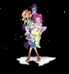 Size: 339x361 | Tagged: safe, screencap, applejack, fluttershy, pinkie pie, rainbow dash, rarity, sunset shimmer, twilight sparkle, equestria girls, equestria girls specials, g4, mirror magic, animated, female, frightened, gif, imminent fall, mane six, mirror world, not good, oh no, scared, super strength, uh oh, worried