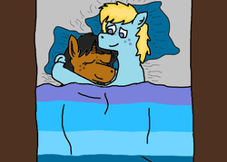 Size: 1033x740 | Tagged: safe, oc, oc only, oc:blue sunshine, oc:caramel sketch, pony, bed, cuddling, female, male, sleeping, snuggling, straight