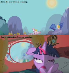 Size: 573x601 | Tagged: safe, edit, edited screencap, editor:korora, screencap, twilight sparkle, g4, lesson zero, cropped, dishevelled, gilbert and sullivan, golden oaks library, lyrics, song reference, text, trial by jury (opera), twilighting, windmill