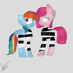 Size: 3000x3000 | Tagged: safe, artist:kcandres, pinkie pie, rainbow dash, pony, g4, bound wings, chains, clothes, cuffs, high res, pinkamena diane pie, prison outfit, prison stripes, prisoner pp, prisoner rd, shackles